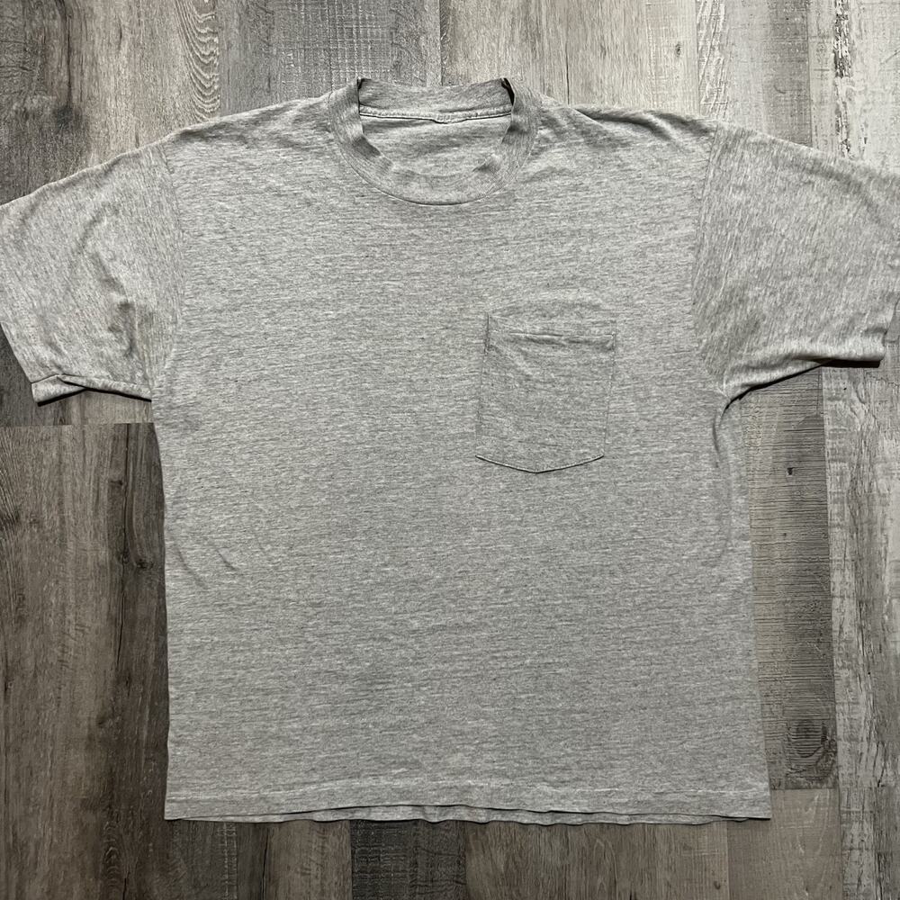 VTG 70s/80s Blank Grey Pocket Tee Selvedge Essential Single Stitch Solid Large